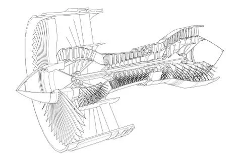 Turbo jet engine aircraft. Vector line illustration. Stock-Illustration