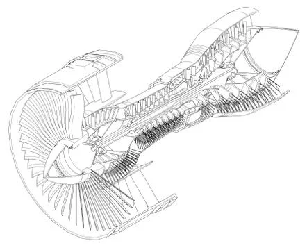 Turbo jet engine aircraft. Vector line illustration. Illustrazione stock