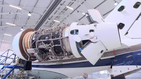 Turbofan Engine With Its Cowlings Open During A Maintenance Inspection At MRO Stock Footage 327883975