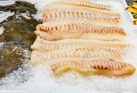 Turbot or flounder and cod fillet lying on the ice in the shop window Foto stock