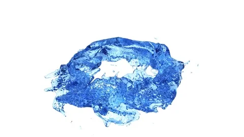 Turbulent horizontal blue water ring transforms into drop - on white, + alpha Stockbeeldmateriaal 80227530