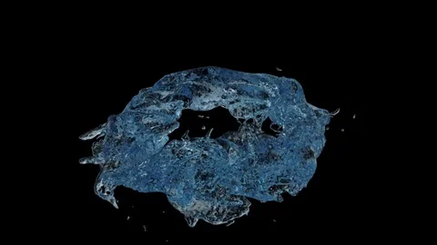 Turbulent horizontal light blue water ring transforms into drop, on black +alpha Video stock 80229920