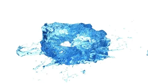Turbulent horizontal light blue water ring transforms into drop, on white +alpha Video stock 80232194