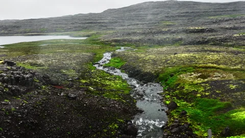 Turbulent mountain stream rushing through mossy basalt plateau beneath low Stock Footage 343796837
