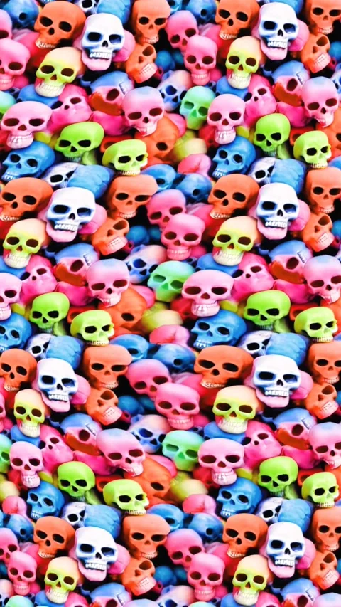 Turbulent scroll of colorful rainbow candy skulls . Distorted pattern of digital Stock Footage 317913670