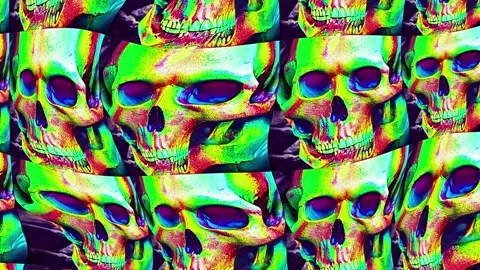 Turbulent scroll of colorful skulls texture illustration. Distorted pattern of Stock Footage 224459871