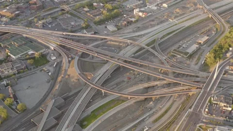 Turcot Interchange Highway Layers Over Rail Yard at Daylight Stock Footage 345269470