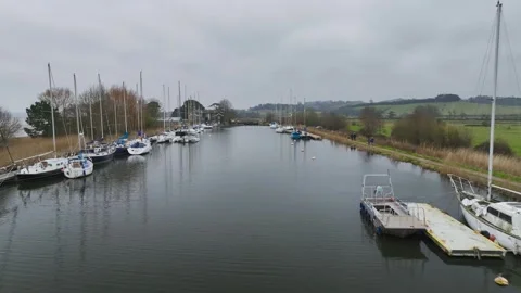 Turf Lock and Exeter Canal from a drone, Exminster, Exeter, Devon, England Stock-Footage 302284695