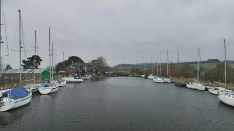 Turf Lock and Exeter Canal from a drone, Exminster, Exeter, Devon, England Stockbeeldmateriaal 302284866