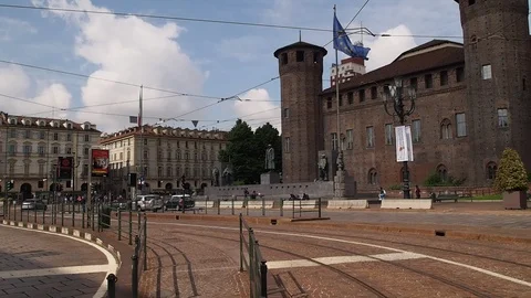 Turin Castello square, circular overview 스톡 동영상 109227121