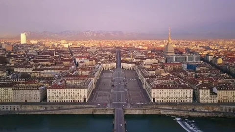 Turin city aerial view at sunrise Stock Footage