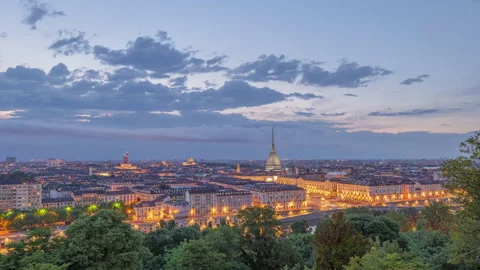 Turin, Italy: Beautiful day to night timelapse view of the city downtown Stock Footage