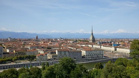 Turin skyline view time lapse, Mole Antonelliana tower in a sunny day in Italy Stock Footage 126516909