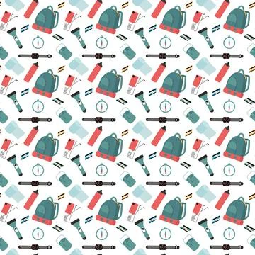 Turistic items seamless pattern vector illustration. Tourizm pattern. Stock Illustration