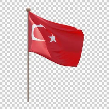 Turkey 3d illustration flag on pole. Wood flagpole Stock Illustration