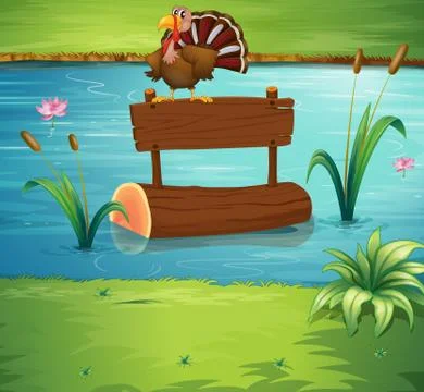 A turkey above a floating trunk at the river Stock Illustration