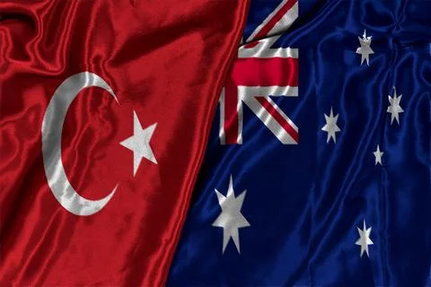 Turkey and Australia two flags textile cloth, fabric texture 写真素材