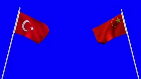 The Turkey and China flags flying together. 4K Chroma key. Stock Footage 296813784