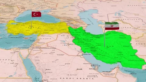 Turkey And Iran Countries Map Middle East Region Animation Stock Footage 344744771