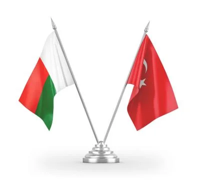 Turkey and Madagascar table flags isolated on white 3D rendering Stock Illustration