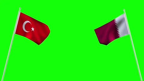 The Turkey and Qatar flags flying together. 4K Chroma key. Stock Footage 296816191