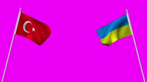 The Turkey and ukrayna flags flying together.  4K Chroma key. Video stock 296813986