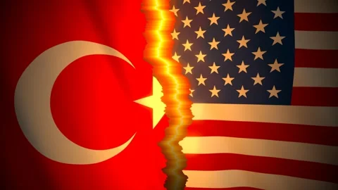 Turkey and USA flags torn apart along a glowing rift Vidéo 346047299