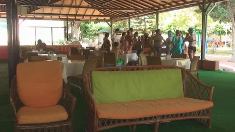 Turkey, Antalya, August 20, 2015, outdoor pavilion, people eating at the tables Vídeos de archivo 75366730