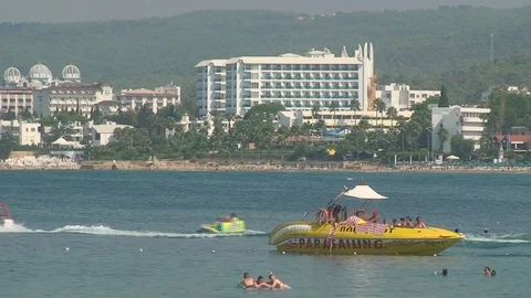 Turkey, Antalya, August 20, 2015. summer day, sea, people ride on the boat Vídeos de archivo 75648093