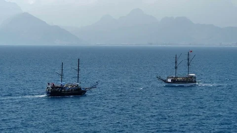 TURKEY, ANTALYA - August 20 , 2017 : Two tourist ships with tourists. Video stock 80233530