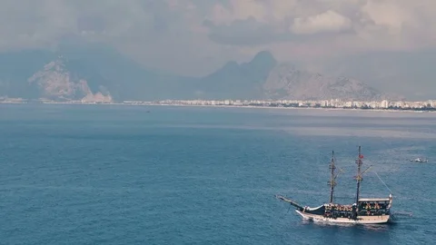 TURKEY, ANTALYA - August 20 , 2017 : Tourist ship goes by sea. Stock Footage 80369293