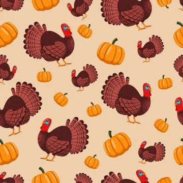 Turkey bird and pumpkin vector seamless pattern. Stock Illustration