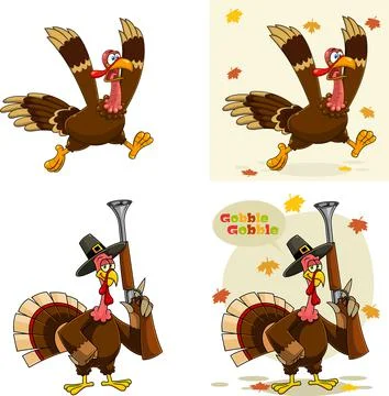 Turkey Bird Cartoon Characters. Vector Hand Drawn Collection Set Stock Illustration