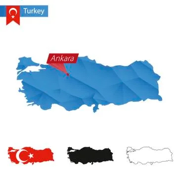 Turkey blue Low Poly map with capital Ankara. Stock Illustration
