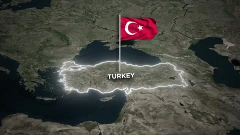 Turkey Border Map Animation with 3D Waving Turkey Flag on World Map Backgroun Stock Footage 329633355
