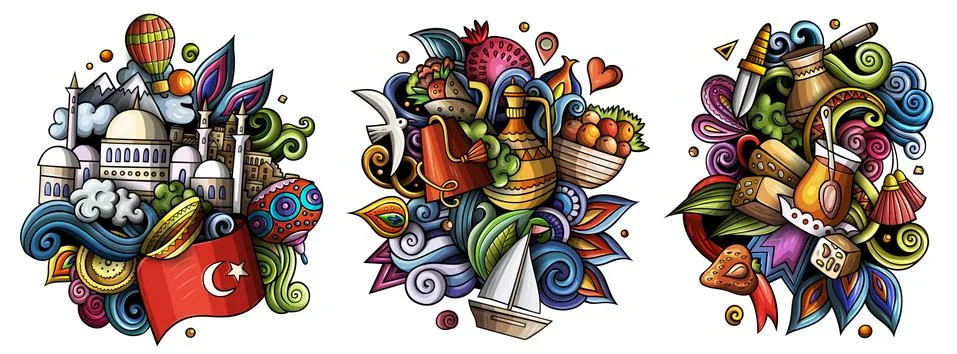 Turkey cartoon vector doodle designs set. Stock Illustration