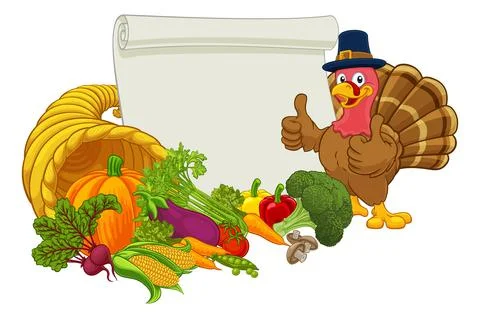 Turkey Cornucopia Thanksgiving Cartoon Scroll Stock Illustration