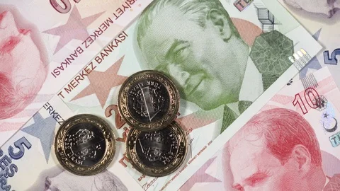 Turkey currency lira notes and coins rotating. Turkish money Stock Footage 104058554