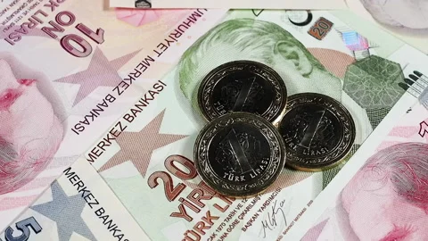 Turkey currency lira notes and coins rotating. Turkish money macro. Low angle Stock Footage 104059776
