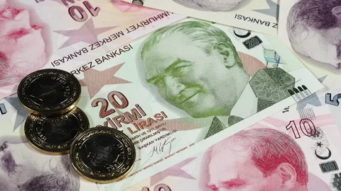 Turkey currency lira notes and coins rotating. Turkish money close up. Low angle Video stock 104059819