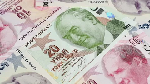 Turkey currency lira notes rotating. Turkish money close up. Low angle Video stock 104060234