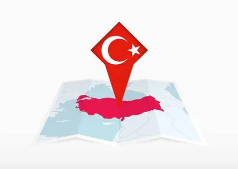 Turkey is depicted on a folded paper map and pinned location marker with fl.. Stock Illustration