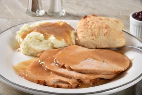Turkey dinner with mashed potatoes and gravy Stock Photos
