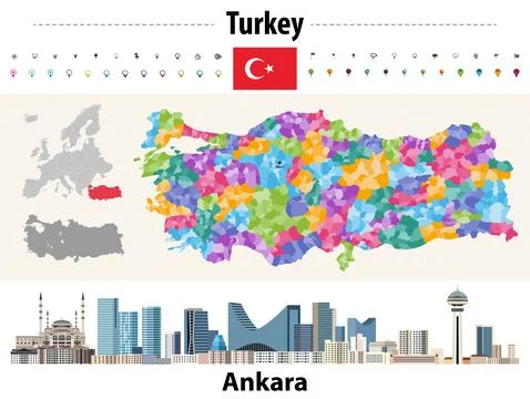 Turkey distrcts colored by provinces map. Ankara cityscape Stock Illustration