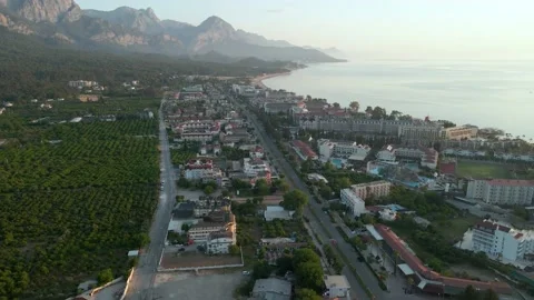 Turkey. Drone view of the beach on the Mediterranean coast at dawn. 4k Stock Footage 217869694