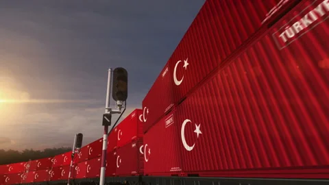 Turkey export containers on cargo train wagons loop Stock Footage 291589600