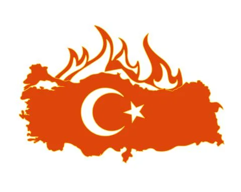 Turkey on Fire - vector line map and coat of arms in flames. Forest fires Stock Illustration