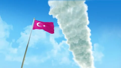 Turkey Flag 3D Render Animation on Pole with Fighter Jets Smoke Trails in Bl Stock-Footage 333242799