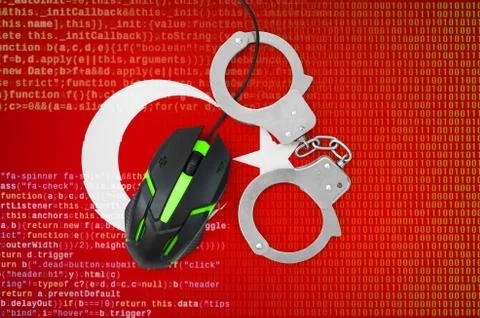 Turkey flag  and handcuffed computer mouse. Combating computer crime, hackers Stock-Fotos