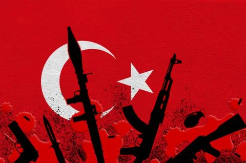 Turkey flag and various weapons in red blood. Concept for terror attack or mi Stock Illustration